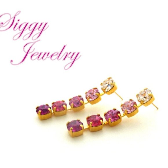 Austrian Crystal Statement Earrings, 5 Stone Long Dangle, Rose Pink Ombré Design - Picture 3 of 5